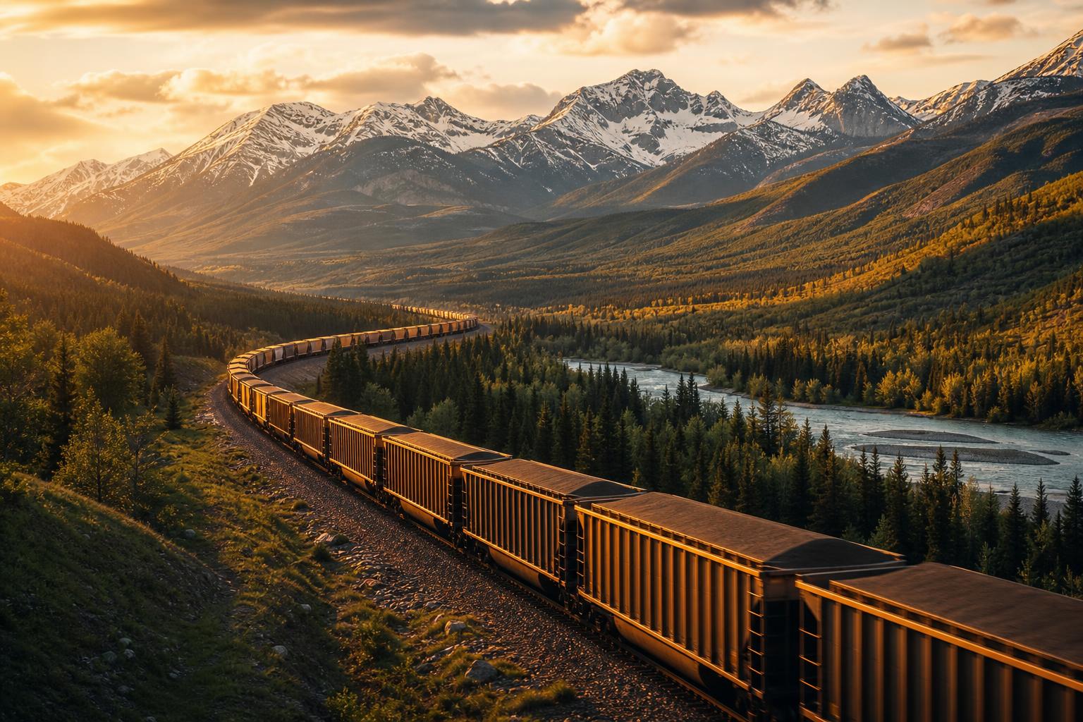 Freight train moving through a mountain valley